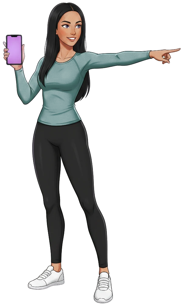 Maya, the RekAi coach, an anime-style trainer in a teal top holding up a phone and pointing to the text and download buttons.