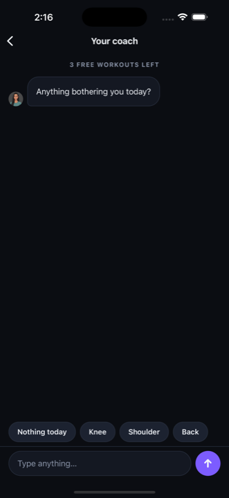 The RekAi coach chat asking “Anything bothering you today?”, with one-tap replies for nothing today, knee, shoulder and back.
