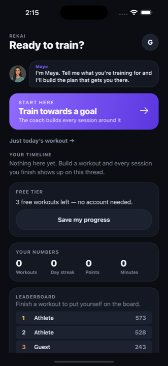 The RekAi home screen, with the coach offering to build a session and the athlete's streak and totals below.