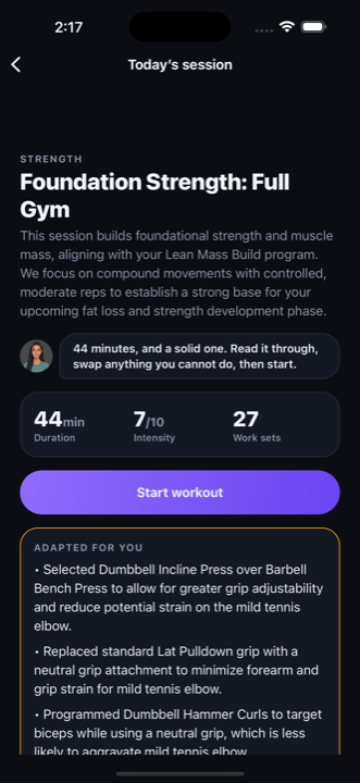 A RekAi session called Foundation Strength: Full Gym, showing 44 minutes, intensity 7 out of 10 and 27 work sets, with an 'Adapted for you' panel listing the substitutions made for a mild tennis elbow the athlete had mentioned.