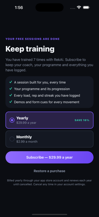 The RekAi subscription screen showing a yearly option at $29.99 with a 16% saving and a monthly option at $2.99.