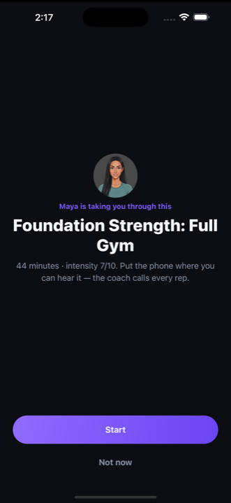 The RekAi pre-session screen with the coach's portrait, reading “Maya is taking you through this” above a Start button.